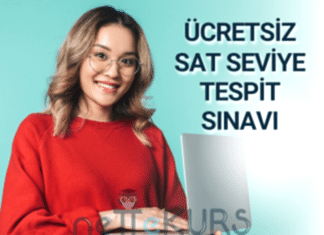 SAT Nedir? Türkiye’deki Gençler İçin Amerika Bileti Olabilir mi? (2025 Rehberi) Kırmızı kazaklı genç bir kadın laptop kullanarak SAT seviye tespit sınavına hazırlanıyor. Görselde “Ücretsiz SAT Seviye Tespit Sınavı” yazısı yer alıyor.